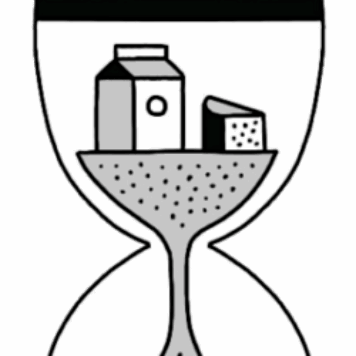 An illustrated hourglass with a carton and slice of cheese inside.