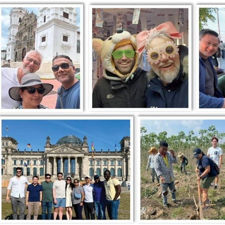 A collage of images showing alumni from the Executive MBA global cohort in Panama City, Seoul, Philadelphia, San Francisco, Bangkok, and Berlin.