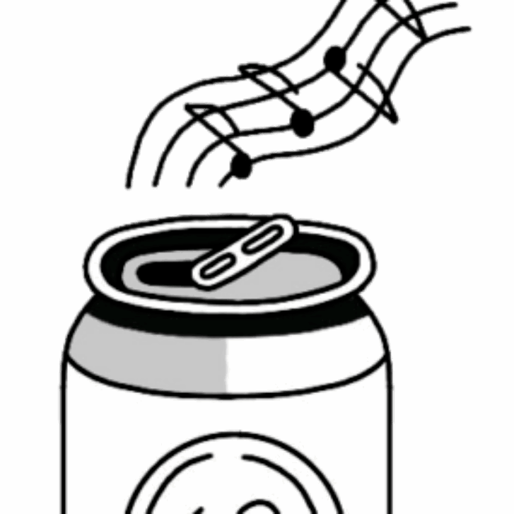 An illustrated can has music notes coming out of it.