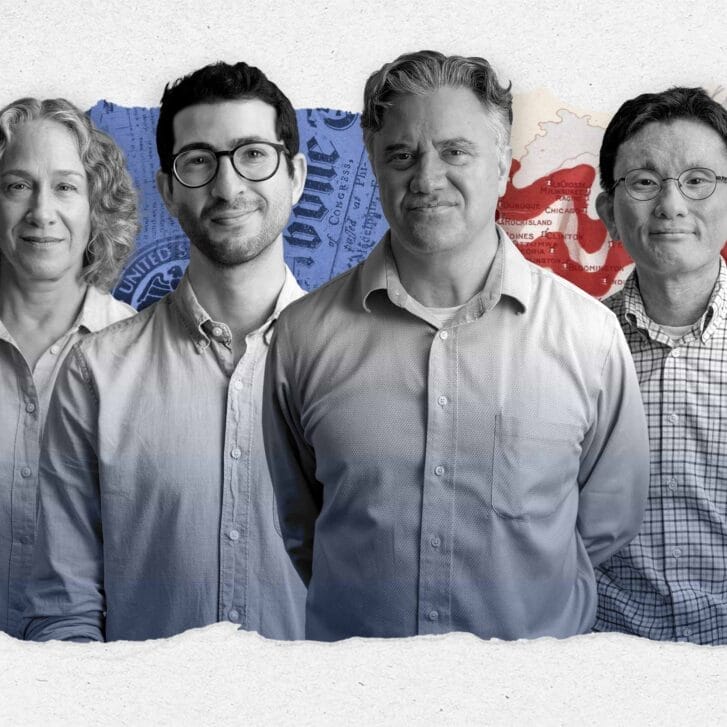 Four people standing next to each other in front of a red, white, and blue collage background of the U.S. Capitol building and an American flag