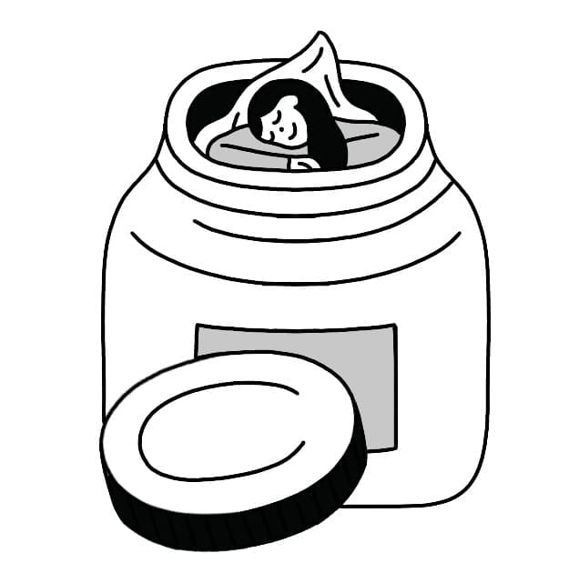 Illustration of a face cream container with a woman happily sleeping inside.