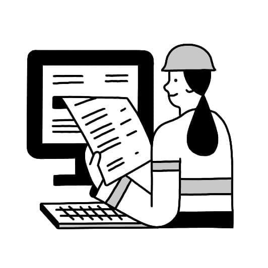 Illustration of a woman in a hard hat pulling a long paper out of a computer screen.