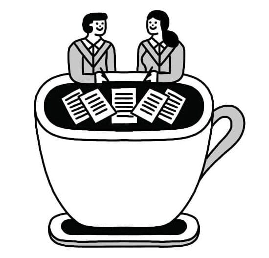 Illustration of a giant coffee cup with two people sitting behind it, holding pens and smiling at each other.