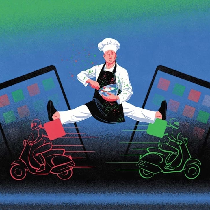 Illustration of a man in a chef's hat mixing a bowl while doing a split with each leg on top of a different motorcycle driver, both of whom are headed in different directions.