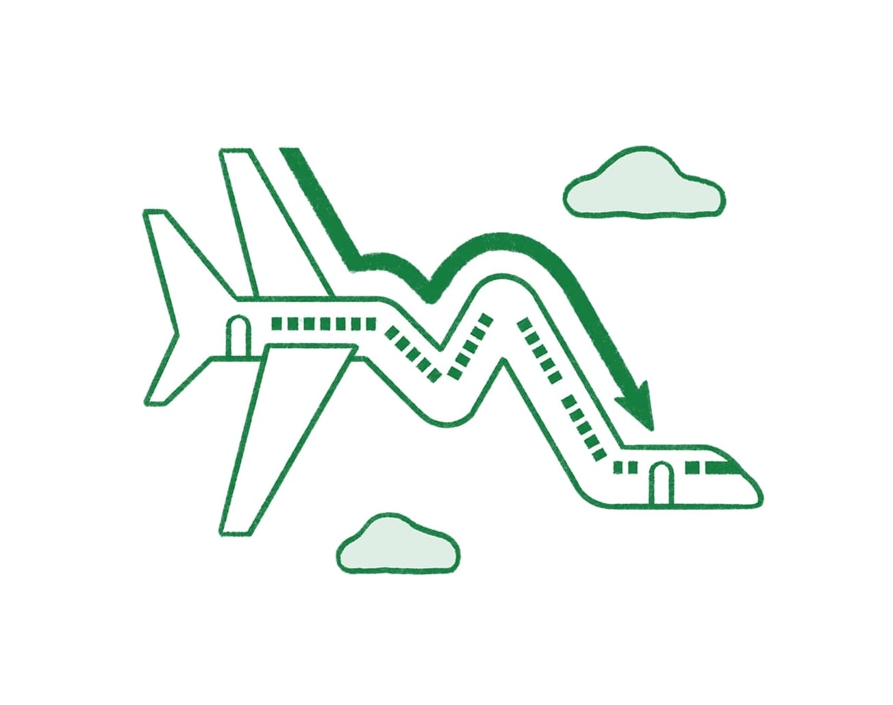Illustration of a weirdly curved airplane and a downward arrow hugging the plane's curves.