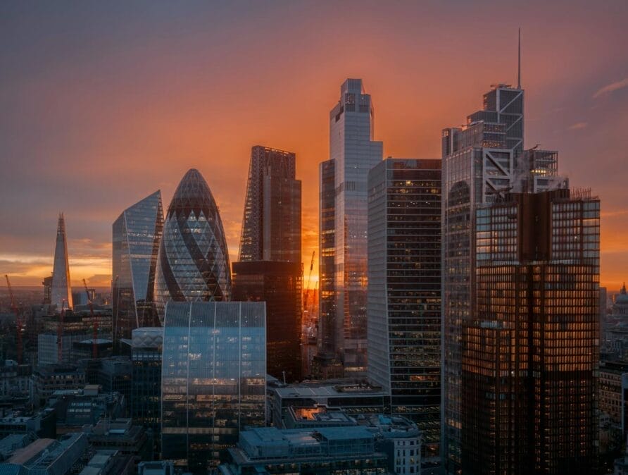 Sunset behind a London skyline.