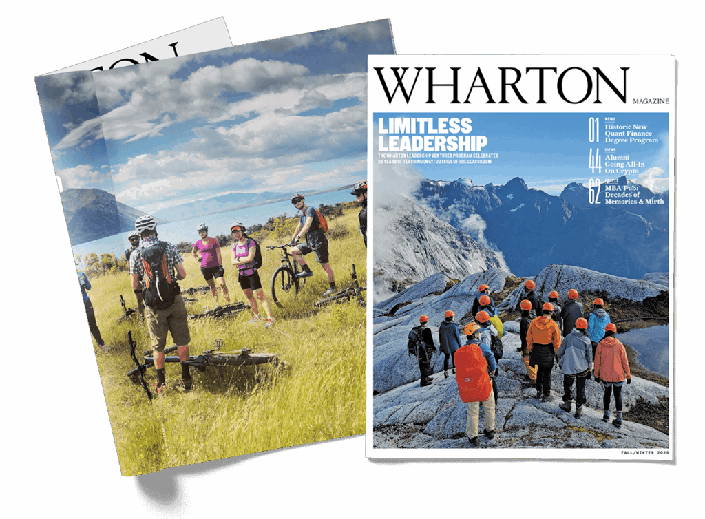 The Fall Winter 2025 Wharton Magazine cover and an inside spread, one depicting adventurers on a mountain plateau and the other showing bikers resting in a field.