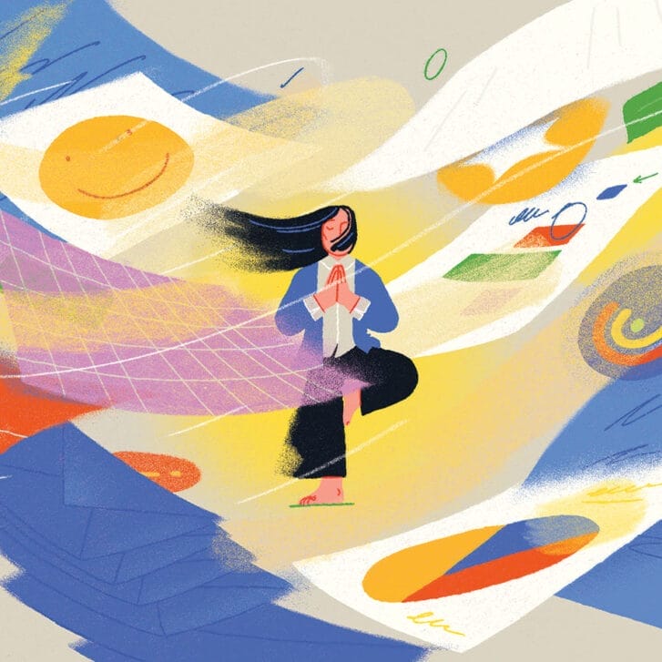 Colorful illustration of a woman standing in a meditative tree pose while pieces of paper swirl around her.