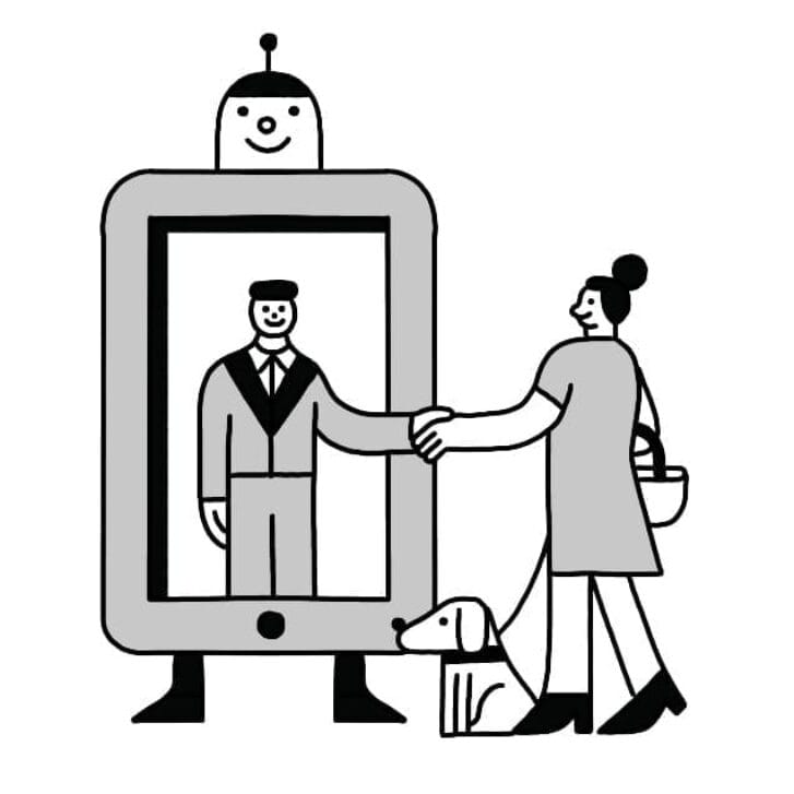 Illustration of a woman shaking the hand of a man who is standing inside a computer tablet.