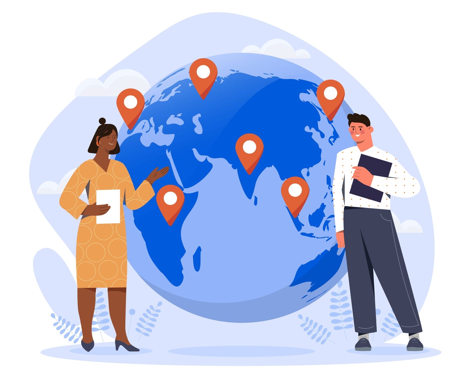 Illustration of business people standing next to a globe pinned with orange placemarkers.