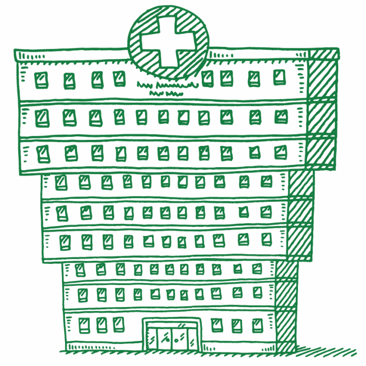 Illustration of a hospital with the floors inverted so that the biggest floor is at the top of the hospital.