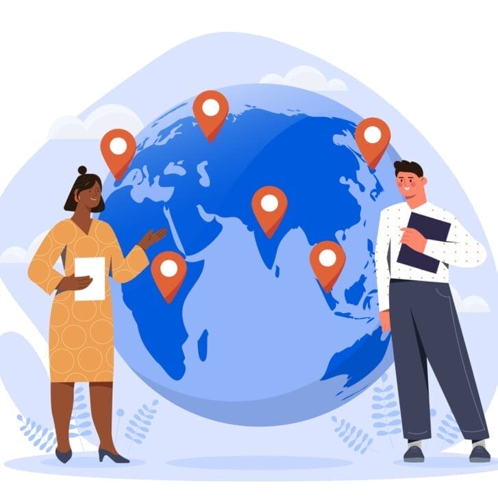 Illustration of business people standing next to a globe pinned with orange placemarkers.