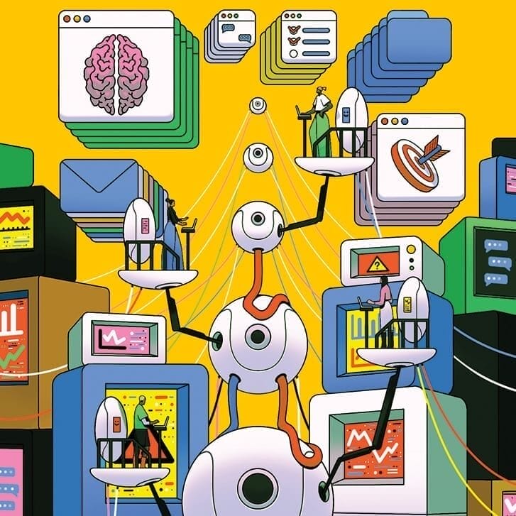 Colorful illustration of a robot with long arms amid various screens.