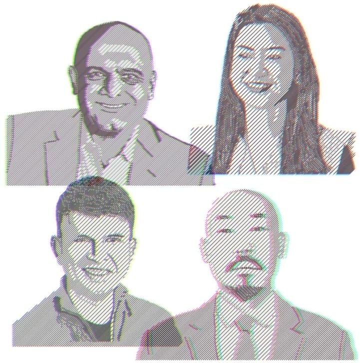 Illustrated portraits of four Wharton alumni.