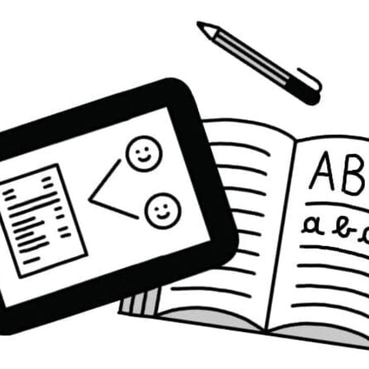 Illustration of a tablet next to a floating pen and a book with ABC written on one of the pages.