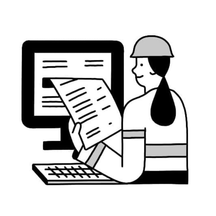 Illustration of a woman in a hard hat looking at a piece of paper and sitting in front of a computer screen.