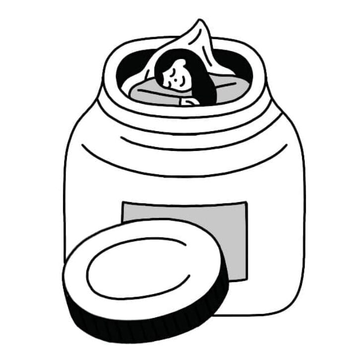 Illustration of a face cream container with a woman happily sleeping inside.