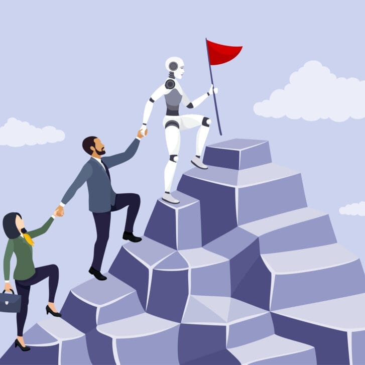 Illustration of a robot leading two humans to the summit of a mountain while holding a red flag