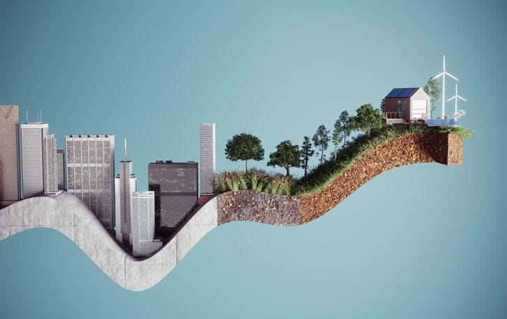 Buildings morphing into a green landscape on a graph