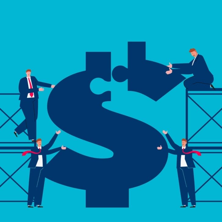 Blue illustration of men putting together a giant puzzle of a dollar sign