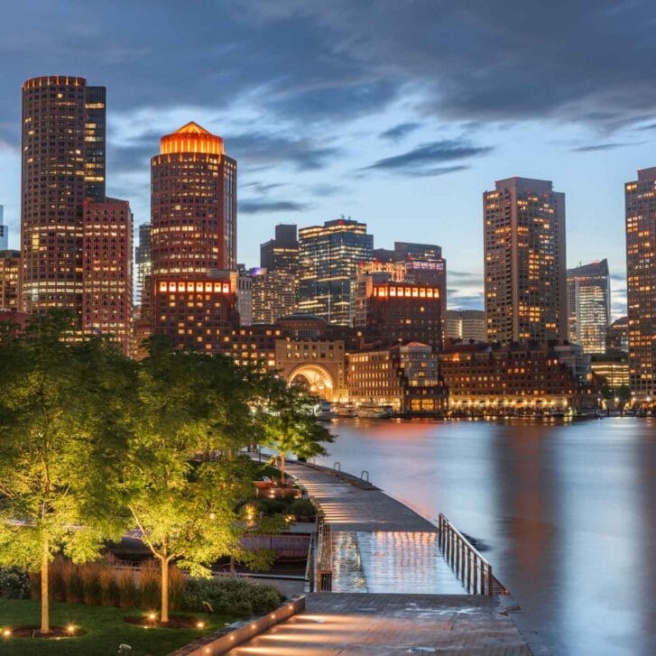 Skyline of Boston viewed from the harbor during sunset