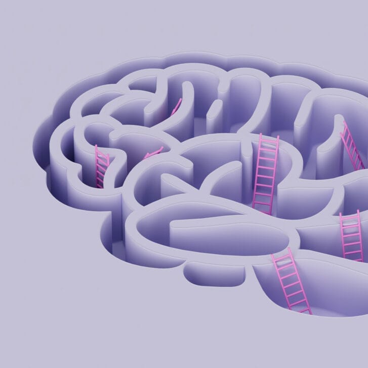 Illustration of a brain in dark purple on a lighter purple background, with pink ladders propped against the crevasses