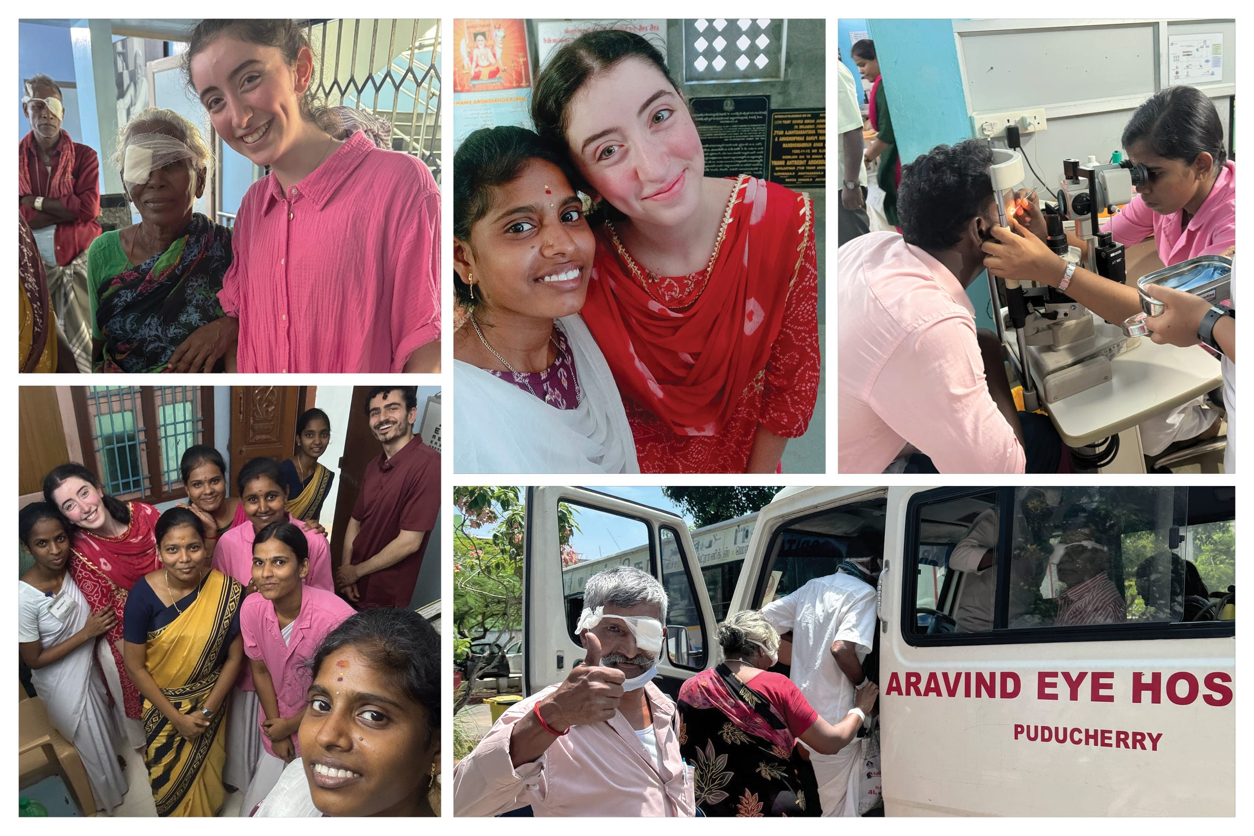 Five photos, including a young woman posed with an older woman who has an eye bandage, two women posed for a selfie, a man getting an eye procedure done, a man smiling with a bandage over his eye and a thumb up, and nine people grouped together for a selfie.