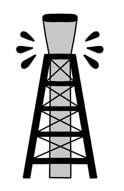Illustration of an oil well with droplets of oil coming out of it.