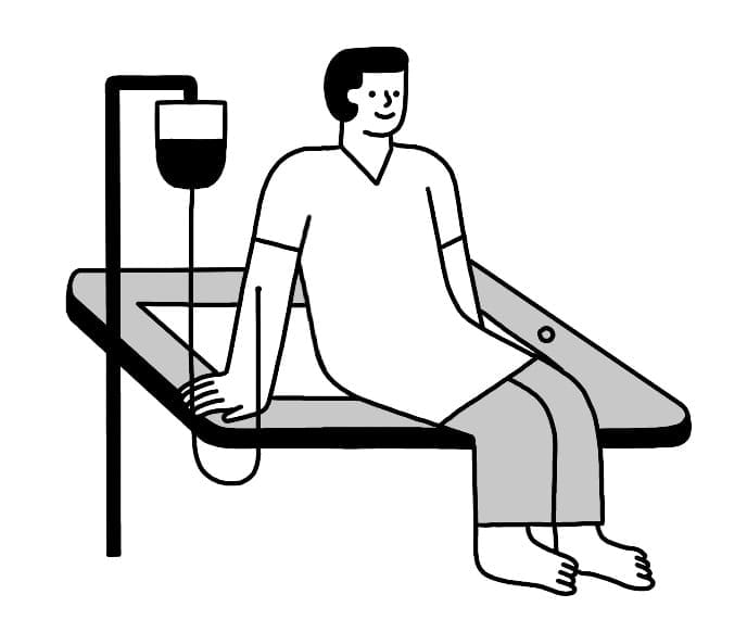 Illustration of a person sitting on top of a cell-phone-like platform while hooked up to an IV.