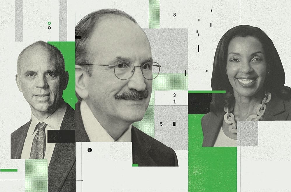 Headshots of professor David Musto, alumnus Dr. Bruce I. Jacobs, and Dean Erika James amid graphic elements and numbers.