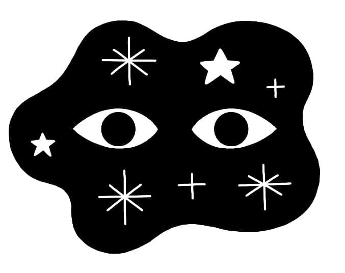 Illustration of a pair of eyes situated in a dark cloud with stars scattered about.