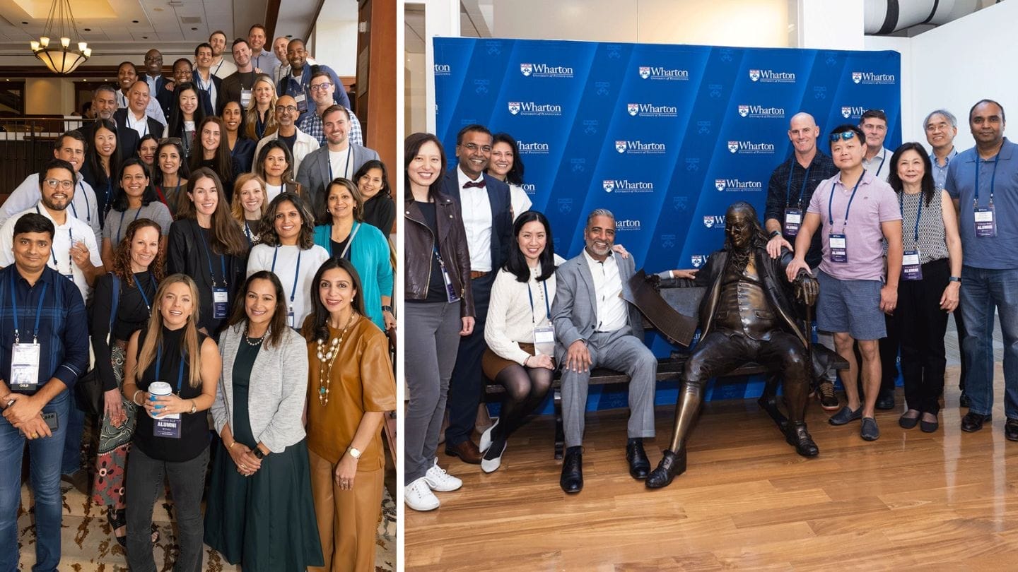 Two group photos from Wharton reunions.
