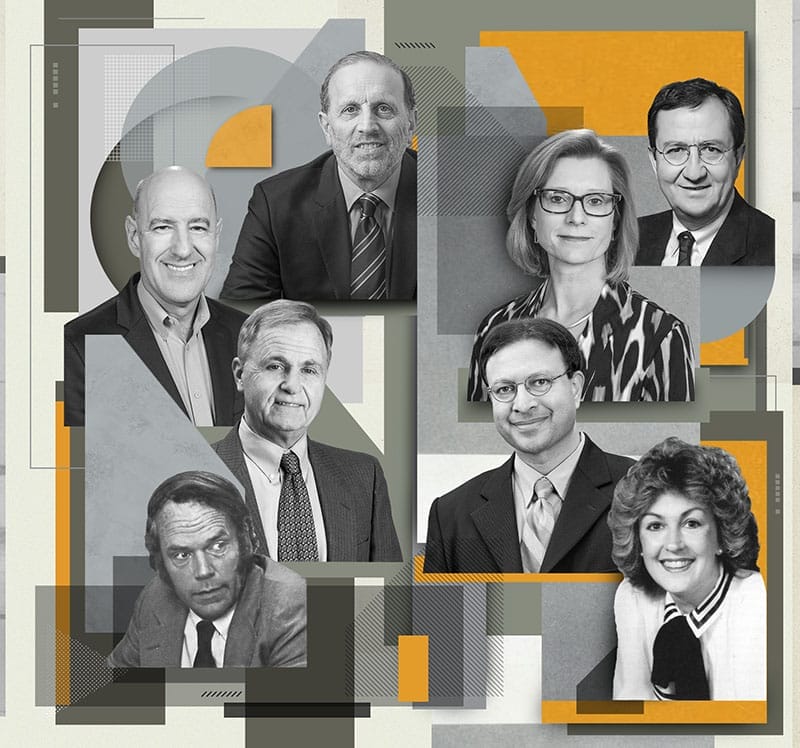 Collage with eight people in business attire. These people are former or current leaders of the Wharton MBA Program for Executives.
