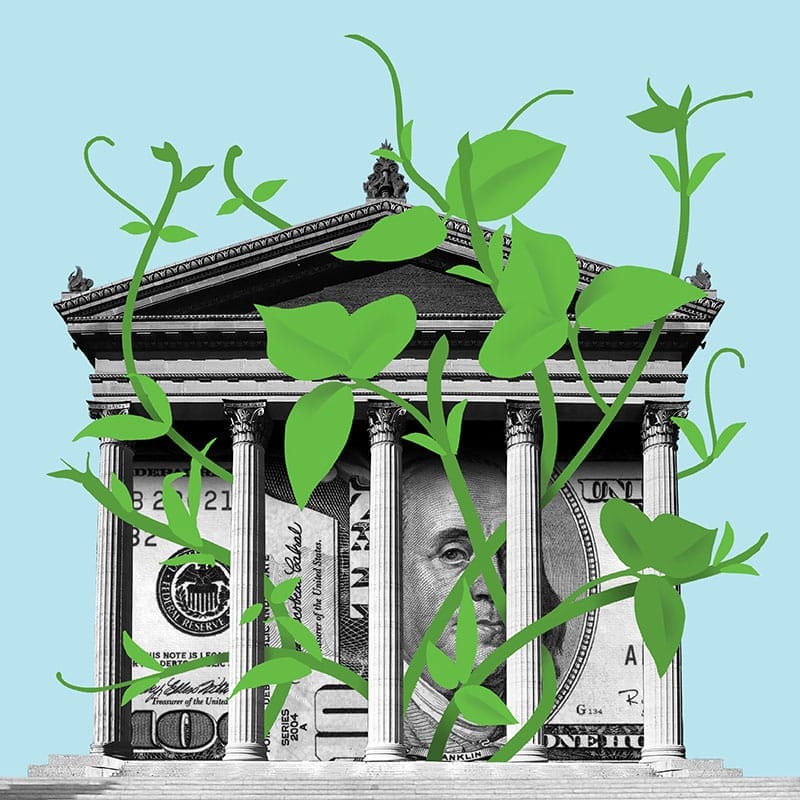 Illustration of a bank with vines growing out of it.