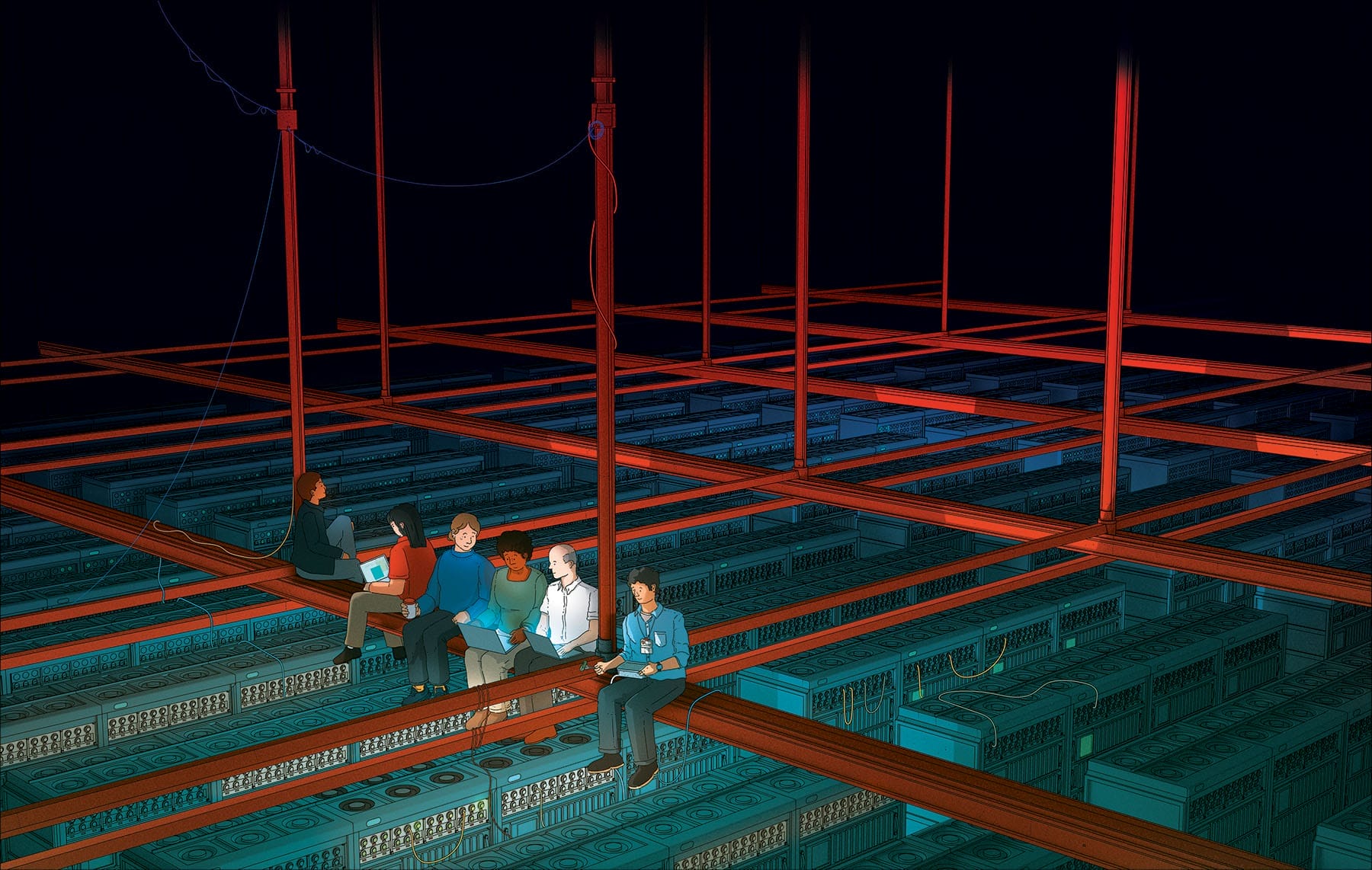 Six people sit on a steel frame above a room full of computer servers. The people are staring at laptops themselves.