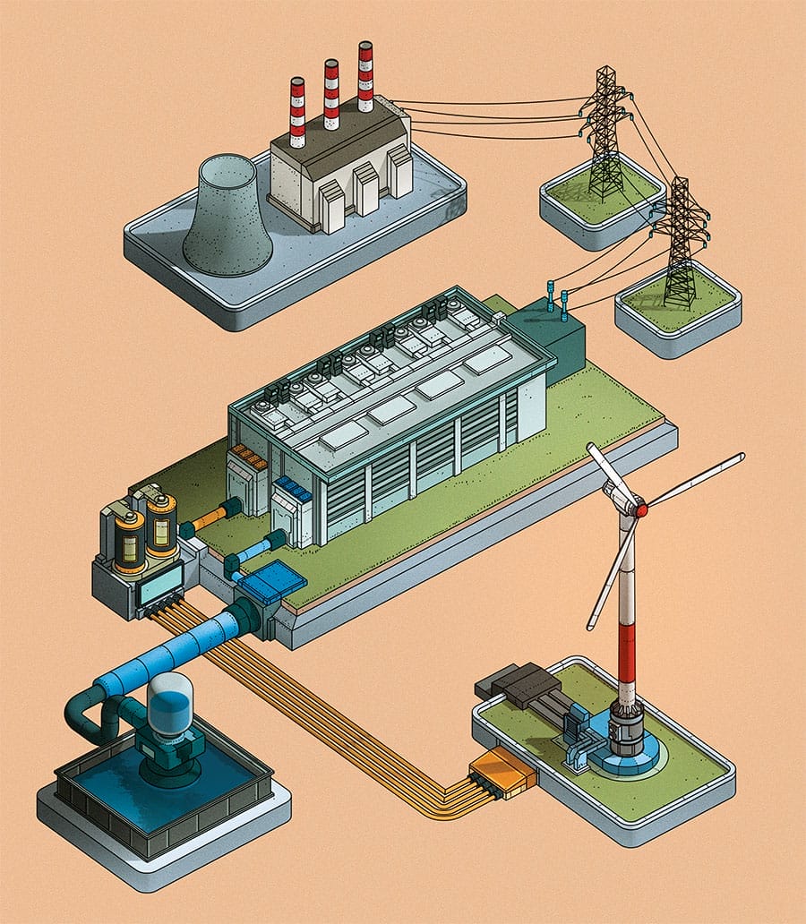 Illustration of an energy grid, including a power plant, electrical wires, and a windmill.