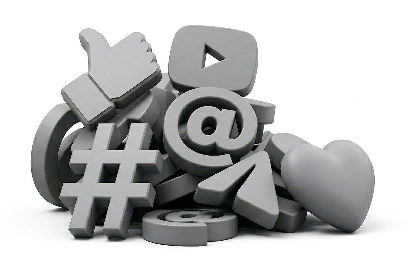 An illustrated pile of computer icons and symbols, including a thumbs up, a play button, a hashtag, a heart, and at symbols.