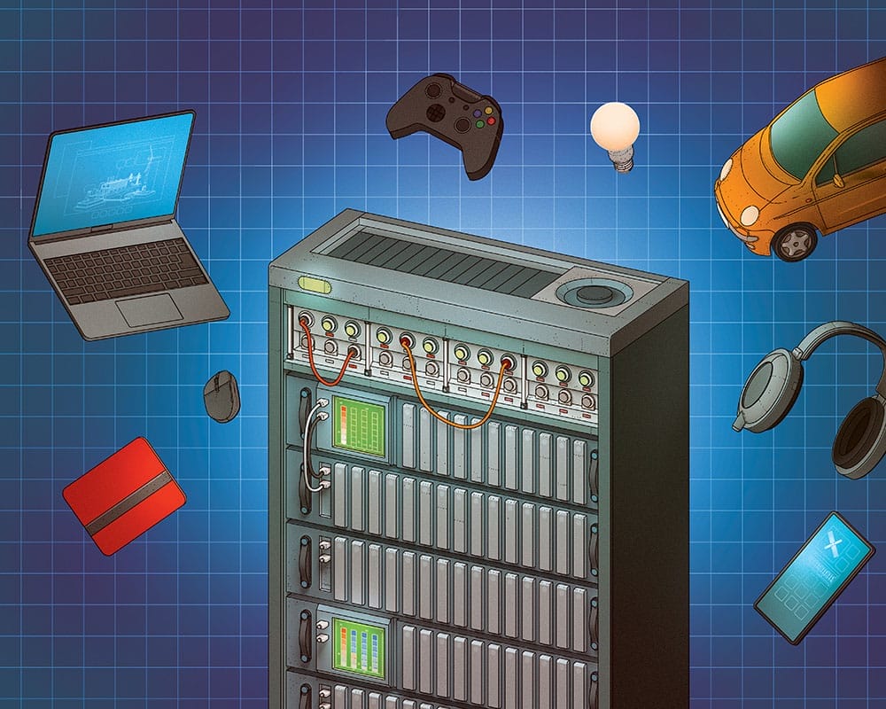 Illustration of a computer server, with items such as headphones, a car, and a laptop around it.