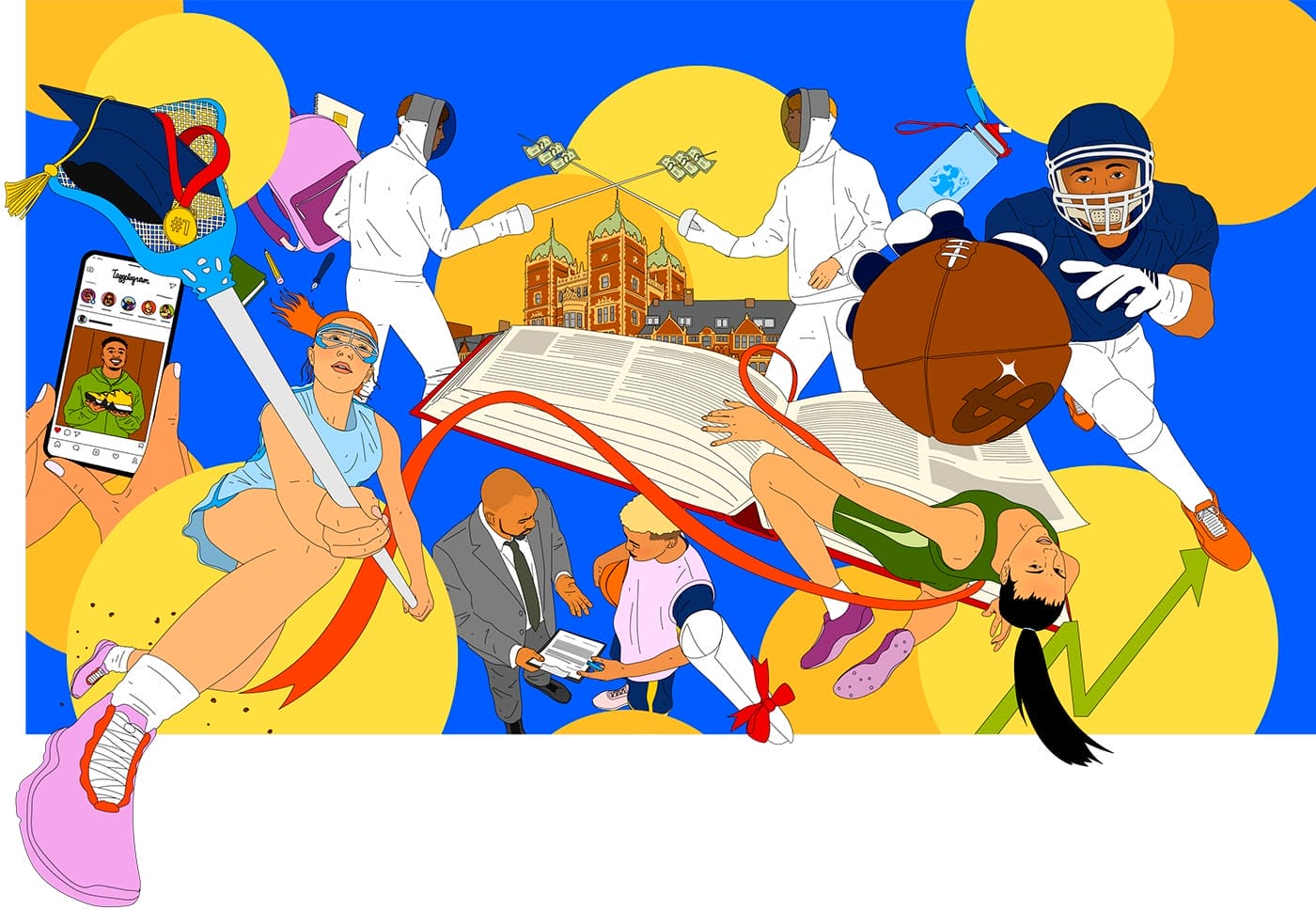 Illustration of student-athletes such as a football player and lacrosse player, as well as academic items such as a book, diploma, and graduation cap.