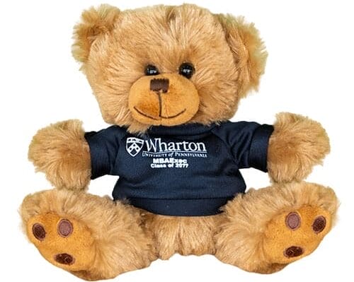 A stuffed bear wearing a dark blue shirt.