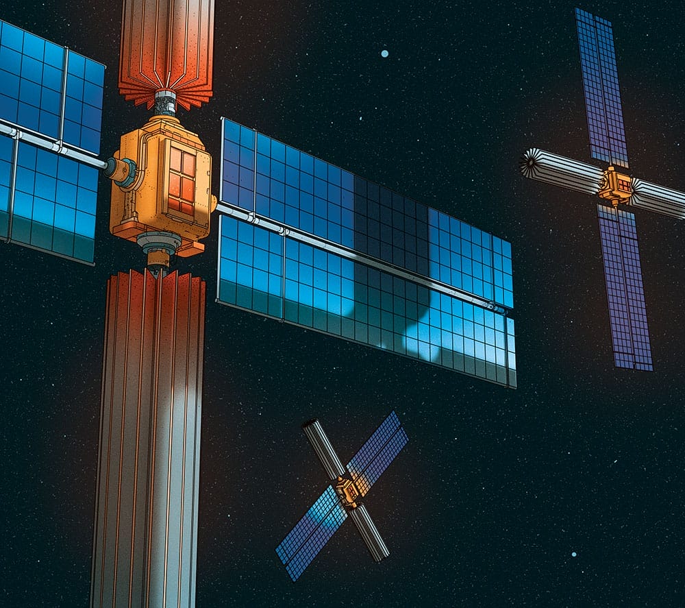 Illustration of three satellites in space.
